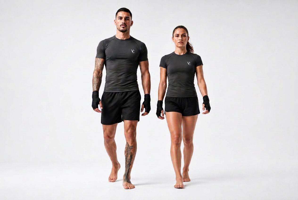 A male and female combat-sports athlete walk toward the camera wearing dark charcoal rash guards, MMA shorts, and boxing hand wraps